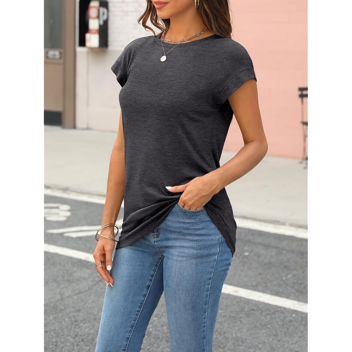 AUTOMET Womens Cap Sleeve Shirts Summer Soft Business Casual Tops for Work Tees
