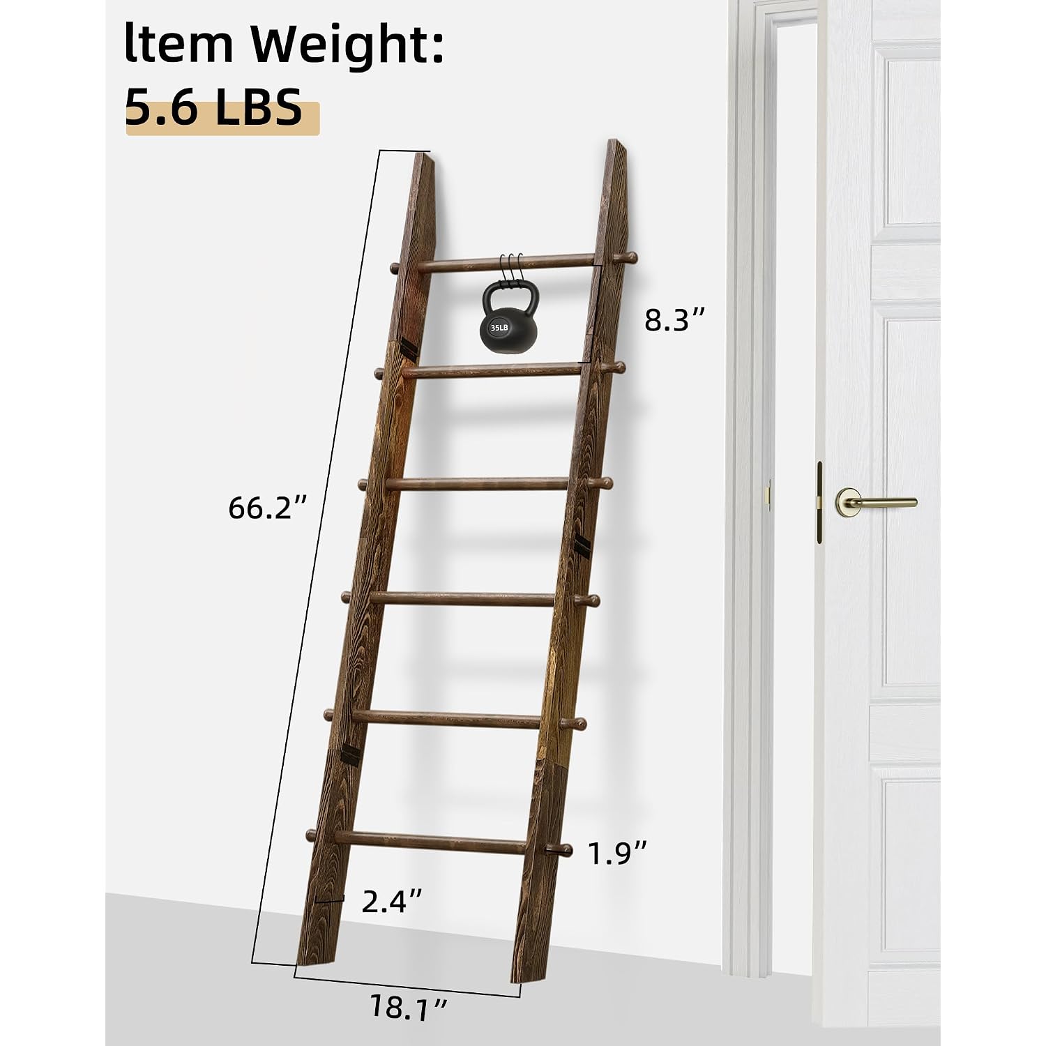 Teakmama 6-Tier 5.4Ft Blanket Ladder With Hanging Knobs Rustic Brown | Farmhouse Wall Leaning Solid Wood Scratch & Slip Proof Quilt Rack, Living Room Bedroom Bathroom, Xmas Deco, Easy Setup