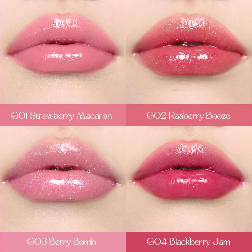 Flower Knows Violet Strawberry Rococo Glowy Lip Gloss,Moisturizing Shimmery Transparent Pink Plumping Lip Oil,Hydrating Lip Tint for Girls&Women,Vegan & Cruelty-Free,0.12 Fl Oz(G03 Berry Bomb)