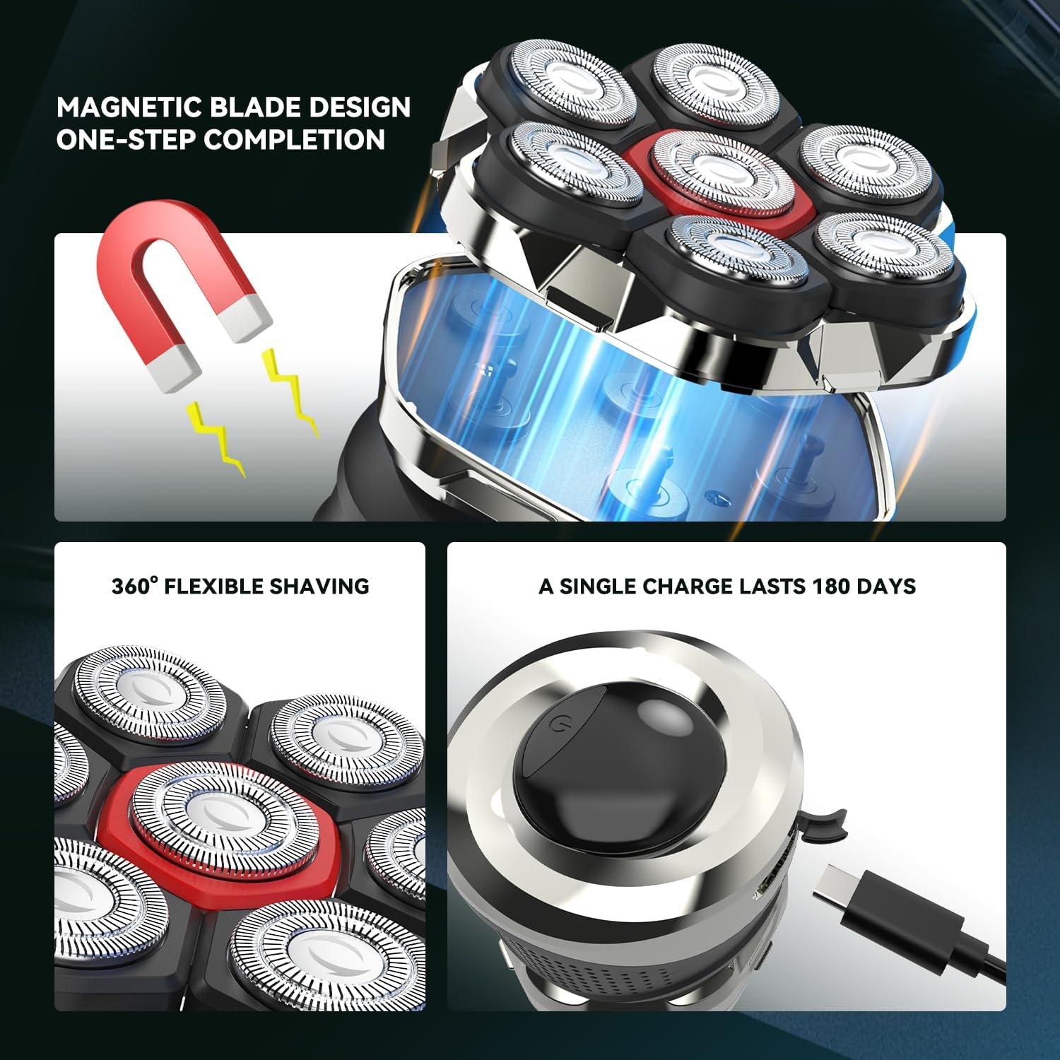 Men's Electric Rotary Shavers Bald，2026 Upgrade 7D Floating Electric Shaver with LED Display, IPX6 Waterproof, Type-C Fast Charge, Magnetic Heads, Travel Case - Ideal Men's Grooming Gift