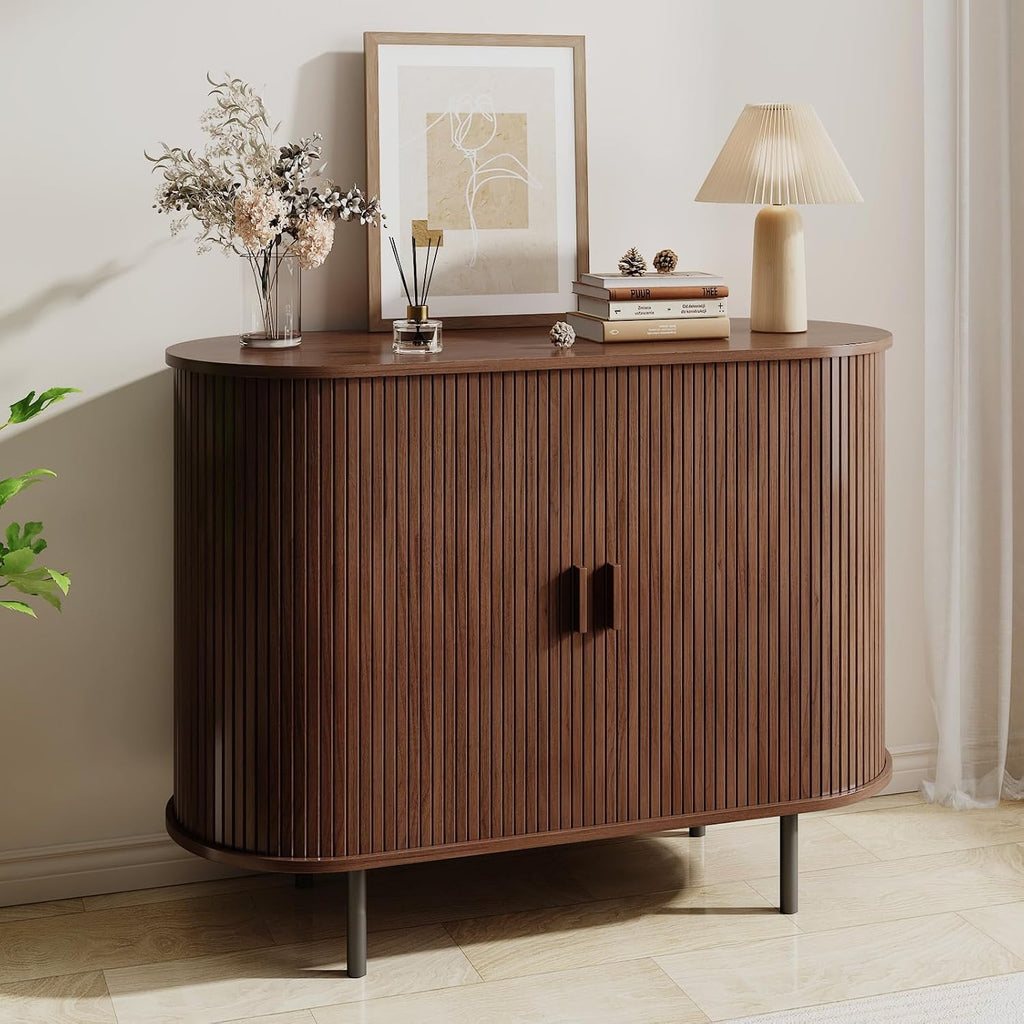 Buffet Sideboard Cabinet With Storage, 40" Fluted Cabinet With Sliding Door & Adjustable Shelf, Modern Accent Coffee Bar Console Table For Kitchen, Entryway, Walnut