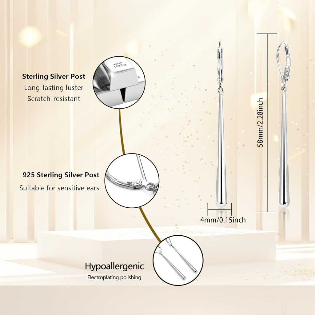 925 Sterling Silver Dangle Earrings 14k Gold Plated Long Strip Bar Waterdrop Leverback Earrings Hypoallergenic Lightweight Trendy Long Drop Earings for Women Lady Jewelry Gifts in Box