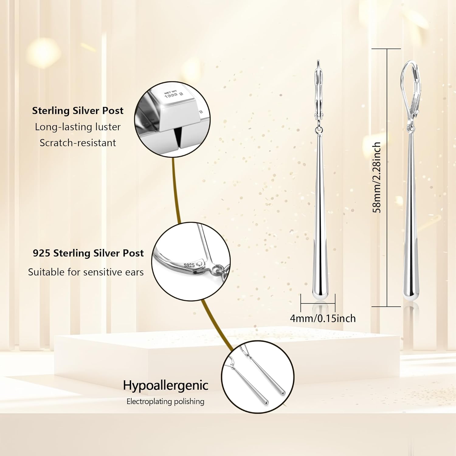 925 Sterling Silver Dangle Earrings 14k Gold Plated Long Strip Bar Waterdrop Leverback Earrings Hypoallergenic Lightweight Trendy Long Drop Earings for Women Lady Jewelry Gifts in Box