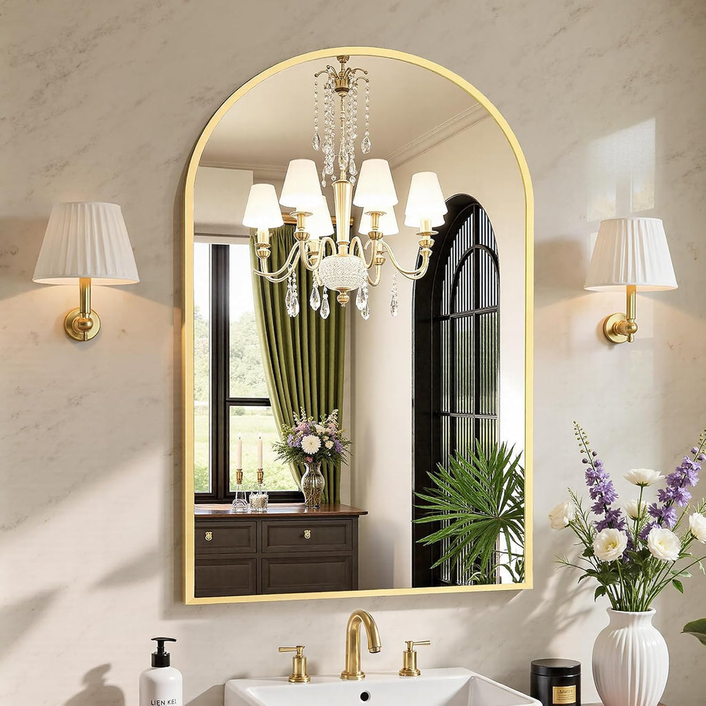 Sweetcrispy 24"x36" Arched Gold Bathroom Mirrors for Wall, Bathroom Mirrors for Over Sink, Metal Framed with HD Shatter-Proof Glass for Entryway, Living Room, Bedroom, Home Decor