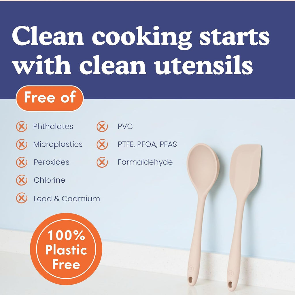 Nontoxic Platinum Silicone Utensils, 100% Plastic-Free, 8-Pcs, Beige | Lfgb-Certified Platinum Silicone. Solid Steel Core, No Hidden Plastics. 500°F Heat Resistant. Non-Scratch. Dishwasher Safe