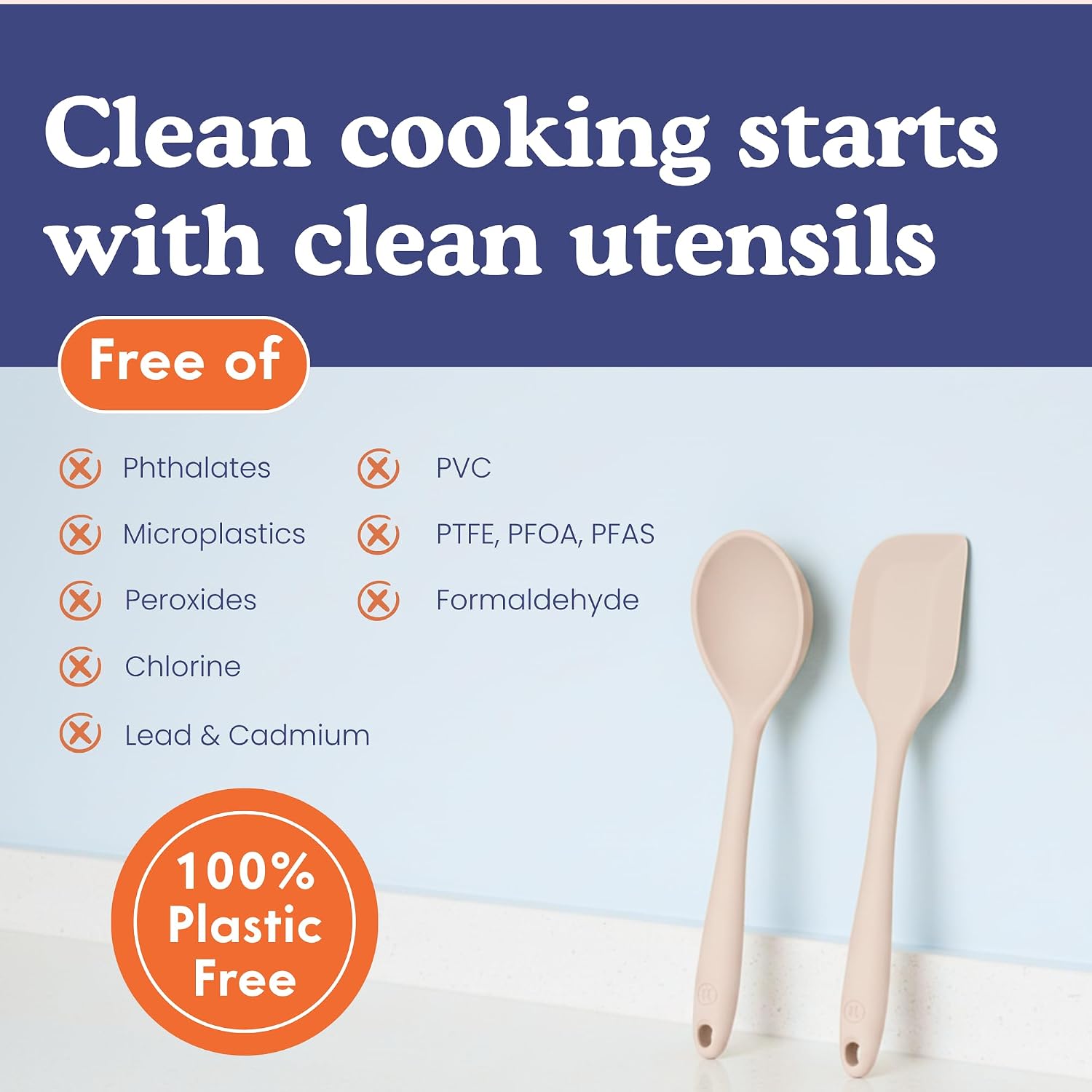 Nontoxic Platinum Silicone Utensils, 100% Plastic-Free, 8-Pcs, Beige | Lfgb-Certified Platinum Silicone. Solid Steel Core, No Hidden Plastics. 500°F Heat Resistant. Non-Scratch. Dishwasher Safe