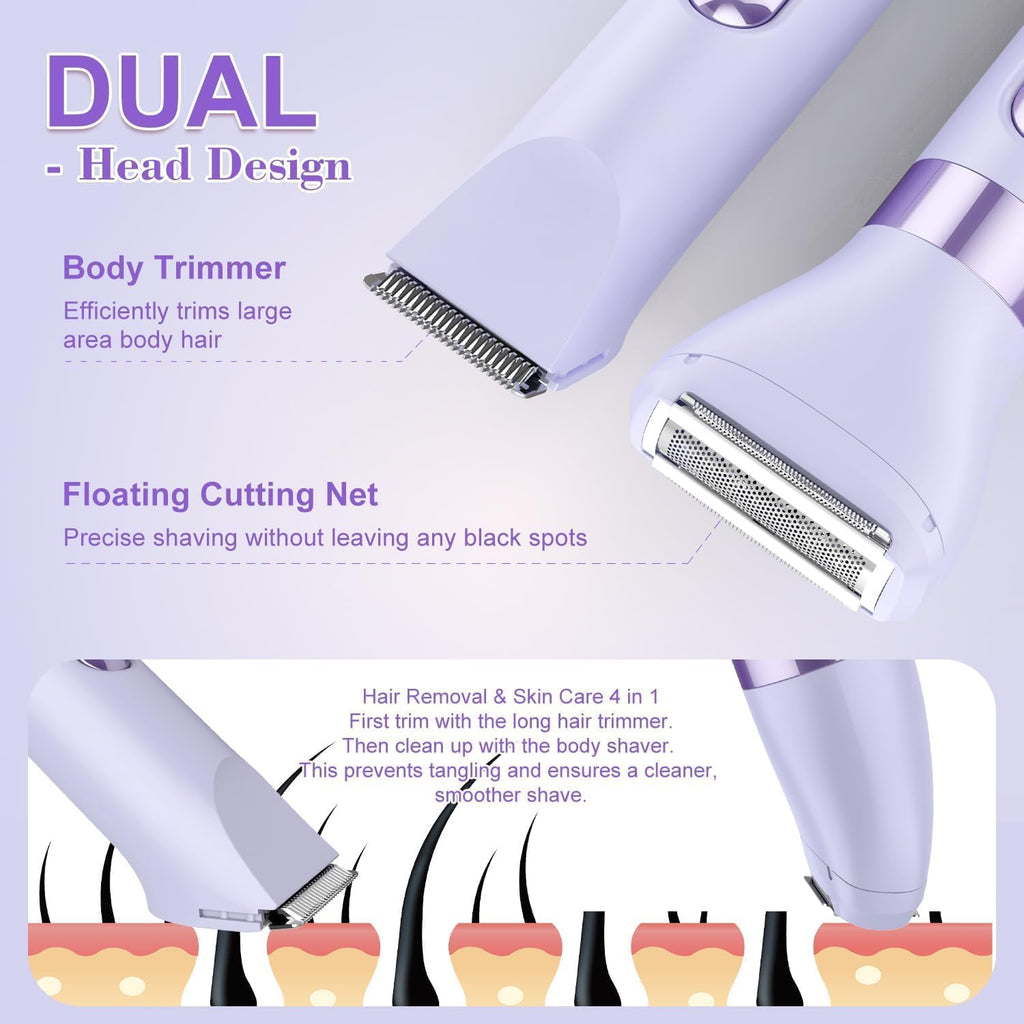 Hatteker 4-in-1 Women's Electric Razor, Dual-Head Body Hair Trimmer for Women, IPX7 Waterproof Rechargeable Bikini Trimmer & Facial Hair Remover for Legs, Armpits, Face, Nose, Eyebrows, Purple