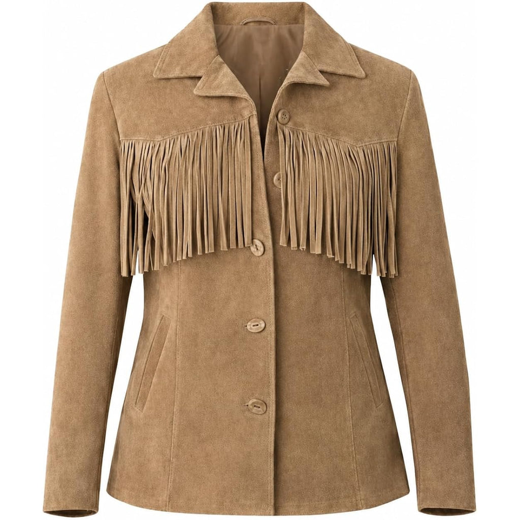 Women’S Buffalo Suede Fringe Jacket, Genuine Leather Western Cowgirl Boho Coat Vintage Style