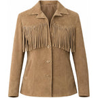 Women’S Buffalo Suede Fringe Jacket, Genuine Leather Western Cowgirl Boho Coat Vintage Style