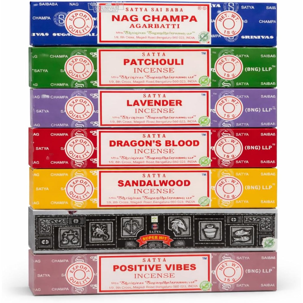 Satya Incense Gift Set Nag Champa, Super Hit, Dragon'S Blood, Sandalwood, Patchouli, Lavender, Positive Vibes, 15 G