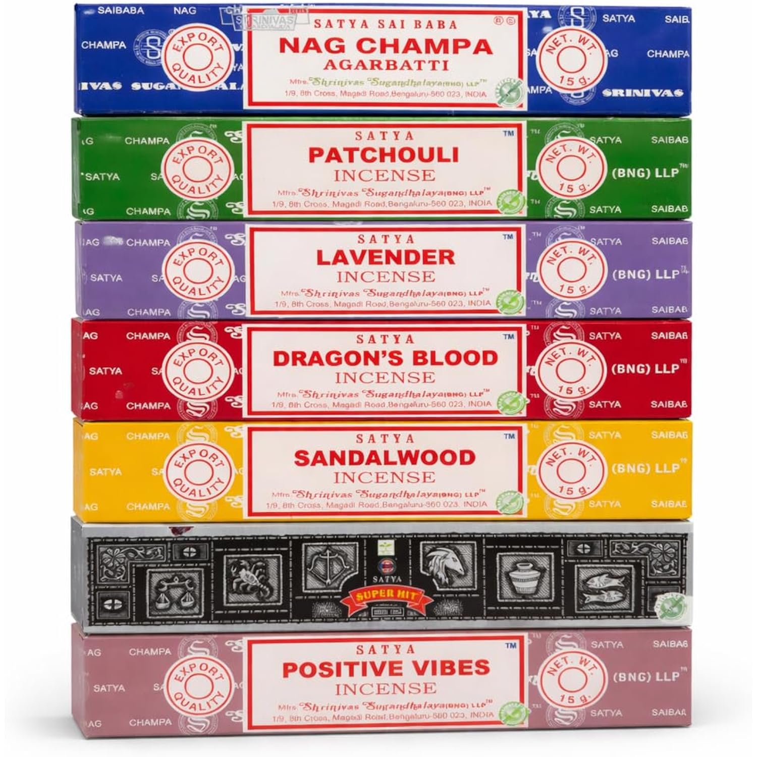 Satya Incense Gift Set Nag Champa, Super Hit, Dragon'S Blood, Sandalwood, Patchouli, Lavender, Positive Vibes, 15 G
