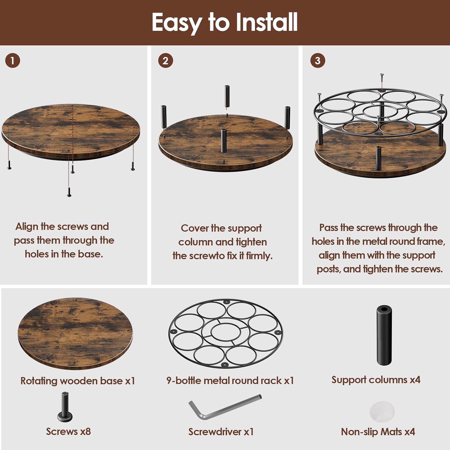 Nuovoware 9 Bottles Rotating Coffee Syrup Rack, Brown+Black | Carbon Steel Frame, Wooden Base Bottle Holder, For Coffee Flavored Syrups Table Top Thermos Liquor
