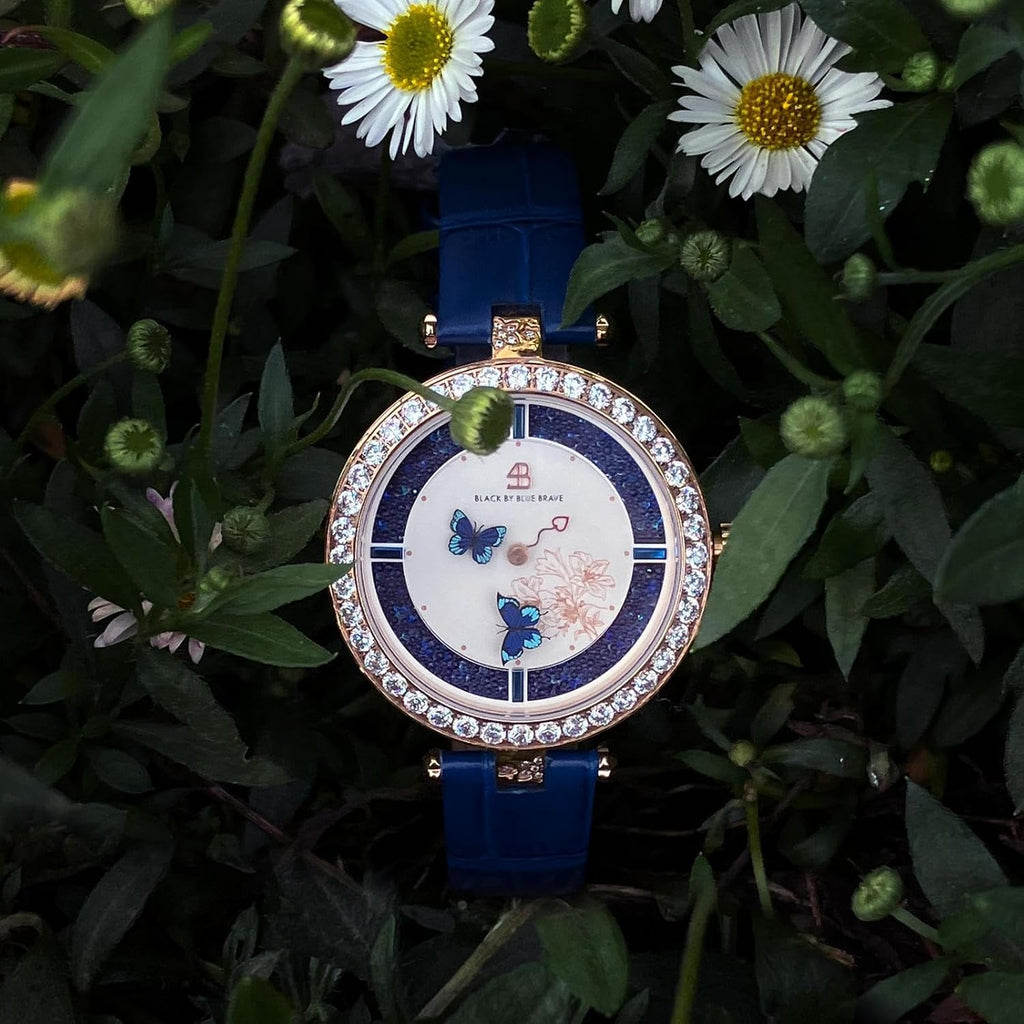 Black By Blue Brave Butterfly Watch For Women, Moving Butterfly Hands | Sapphire Crystal, Genuine Leather, 40 Cz Stones — Unique Gift Watch For Wife, Daughter, Birthday, Elegant Every Day