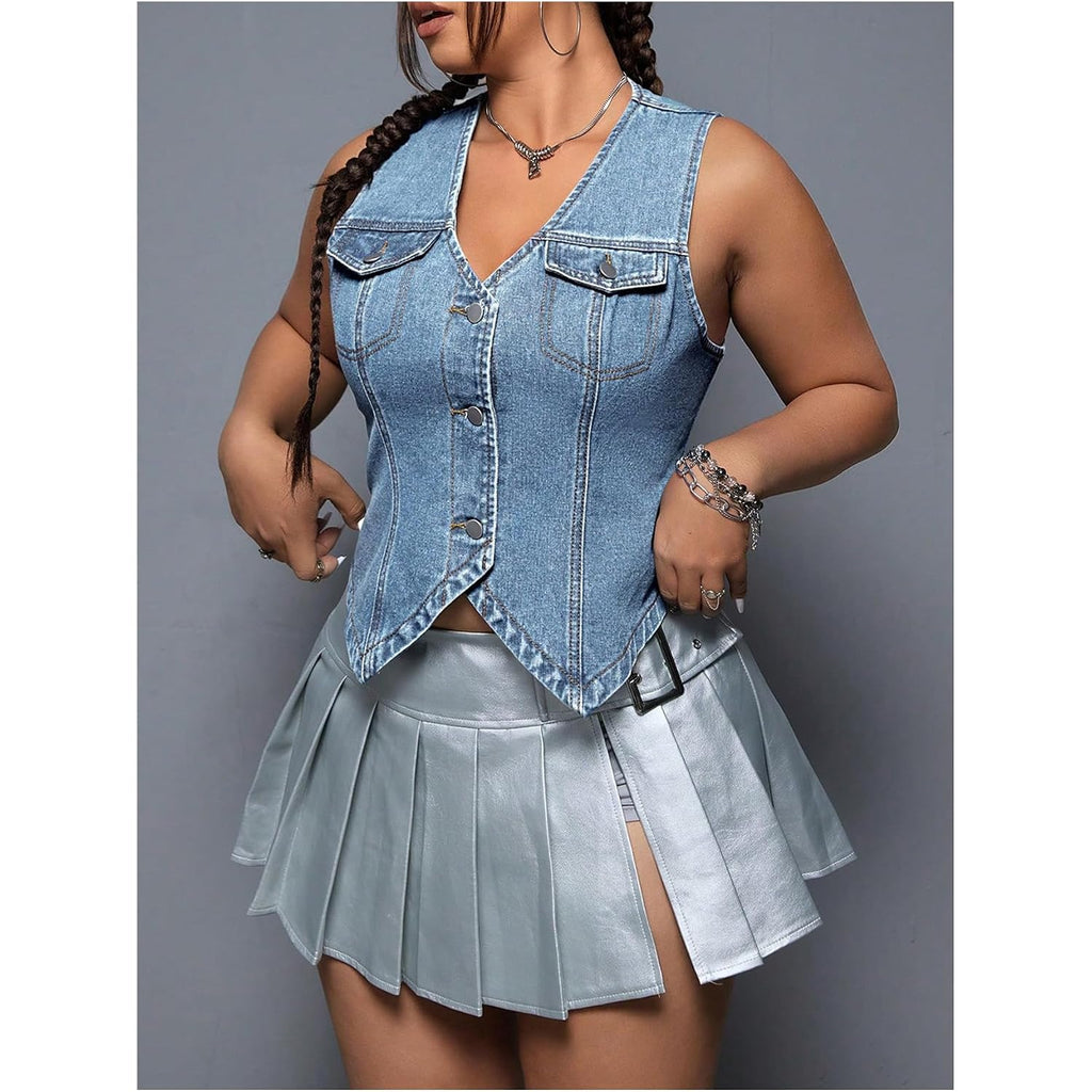Floerns Women'S Plus Size Sleeveless Button Down Jean Vest V Neck Denim Jacket