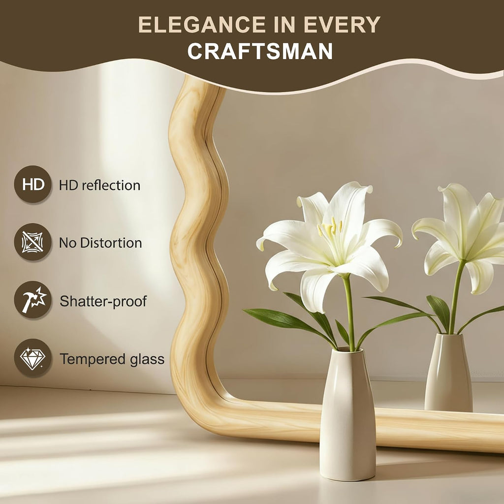Full Length Mirror, 55"X28" Boho Wavy Wood Floor Mirror, For Bathroom, Bedroom, Living Room, Cloakroom, Entryway