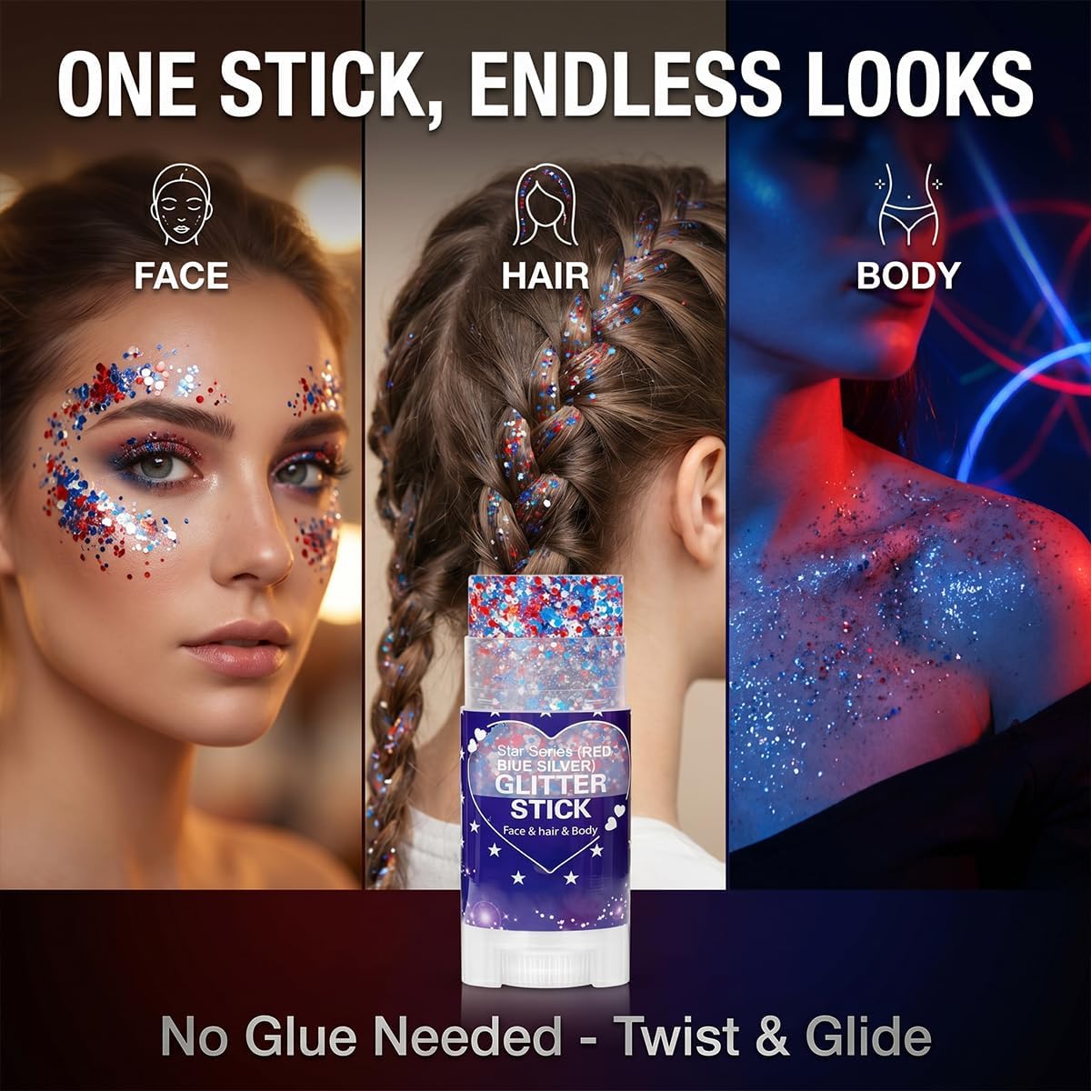 Patriotic Red White And Blue Glitter Stick 2 Pack, Face & Body Glitter Makeup For Women And Girls, Waterproof Usa Flag Glitter For 4Th Of July, Memorial Day, Veterans Day & Usa 250Th Anniversary