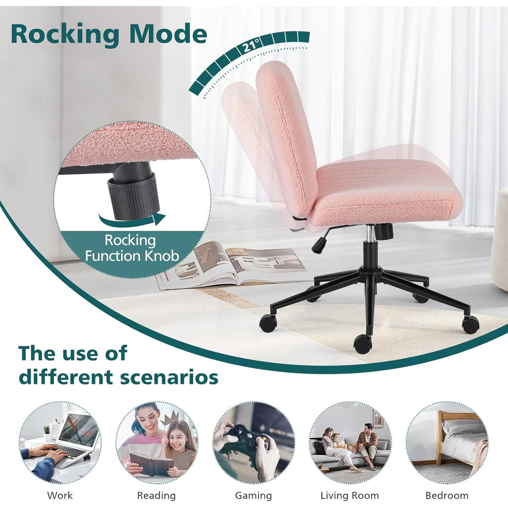 OLIXIS Criss Cross Chair with Wheels Wide Cross Legged Office Desk Vanity Chair Comfy Fabric Armless Adjustable Swivel for Home Computer Task Teddy Pink