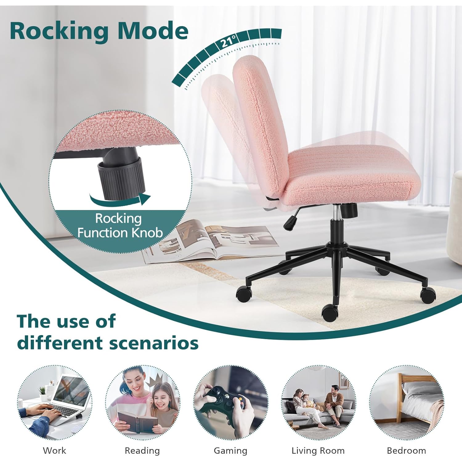 OLIXIS Criss Cross Chair with Wheels Wide Cross Legged Office Desk Vanity Chair Comfy Fabric Armless Adjustable Swivel for Home Computer Task Teddy Pink