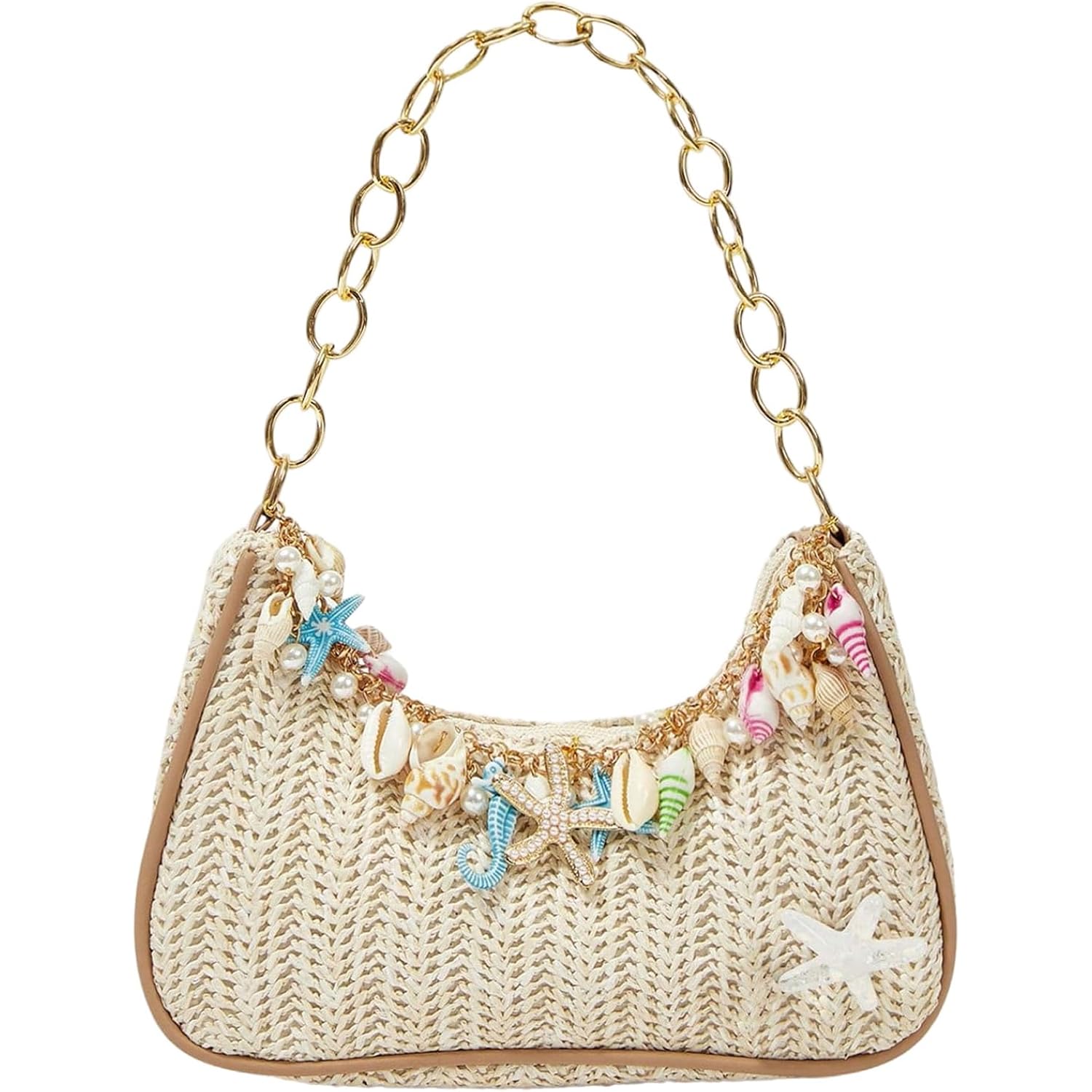 Makemechic Women'S Straw Beach Purse Seashell Beaded Shoulder Handbags Summer Vacation Bags