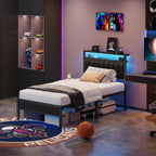 Twin Size Bed Frame With Charging Station And Led Lights, Platform Bed With Metal Slats, Grey Upholstered Headboard With 2-Tier Storage Shelves, No Box Spring Needed