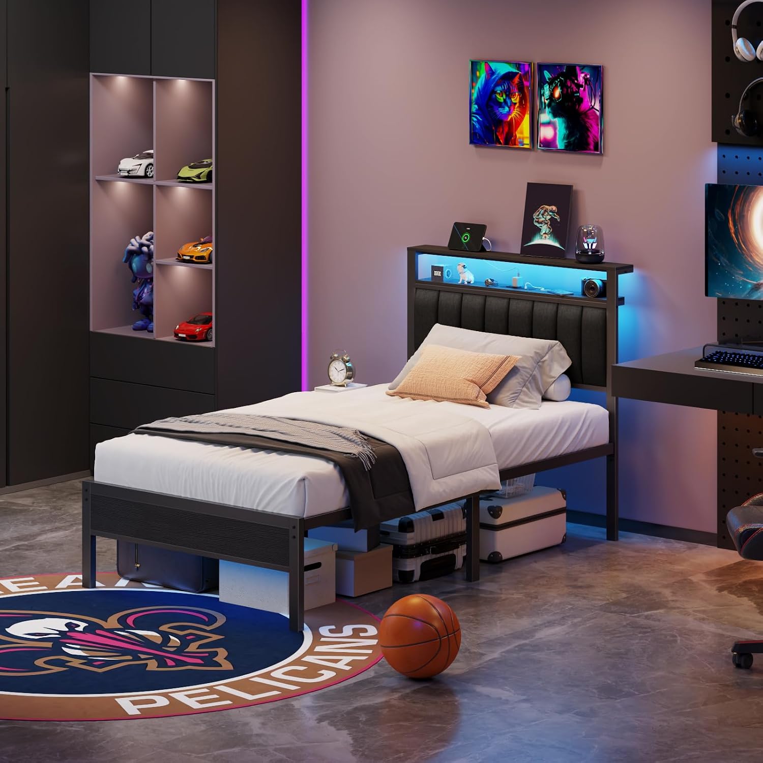 Twin Size Bed Frame With Charging Station And Led Lights, Platform Bed With Metal Slats, Grey Upholstered Headboard With 2-Tier Storage Shelves, No Box Spring Needed
