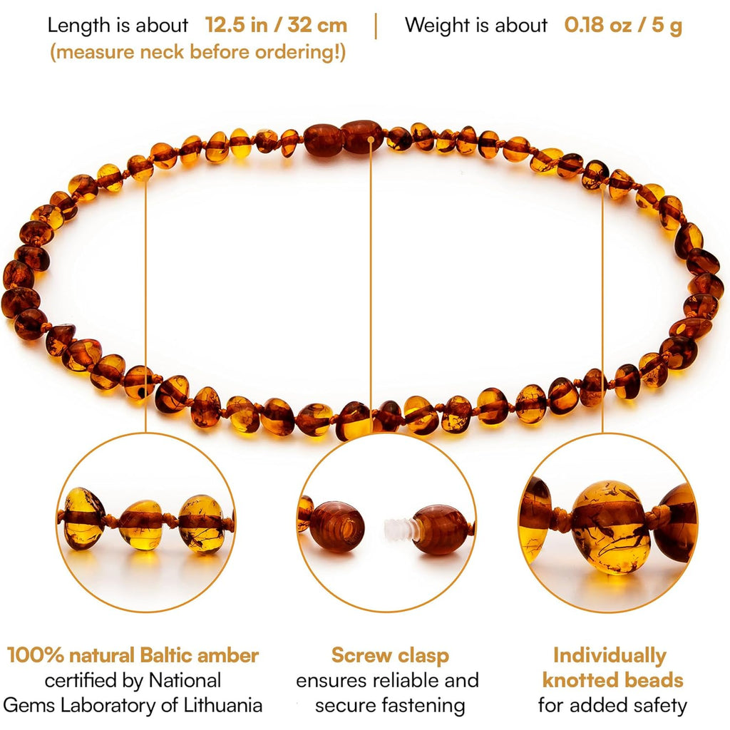 Amber Guru Baltic Amber Necklace (Authentic, Certified) - 12.5 inches - Unisex Jewelry - Polished Real Amber Beads - Proud to Deliver Genuine Baltic Sea Wonder Handmade