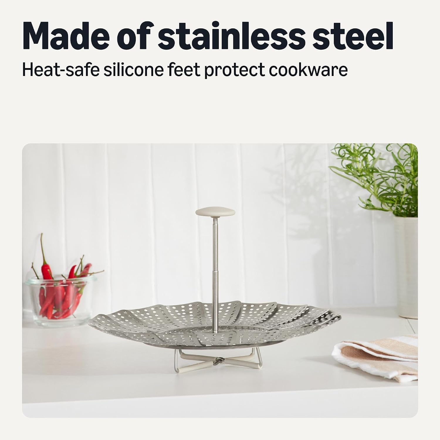 Amazon Basics Extendable Steamer Basket For Vegetables, Dumplings And Seafood, Expands From 5.6 To 9.25 In., Stainless Steel, Dishwasher-Safe
