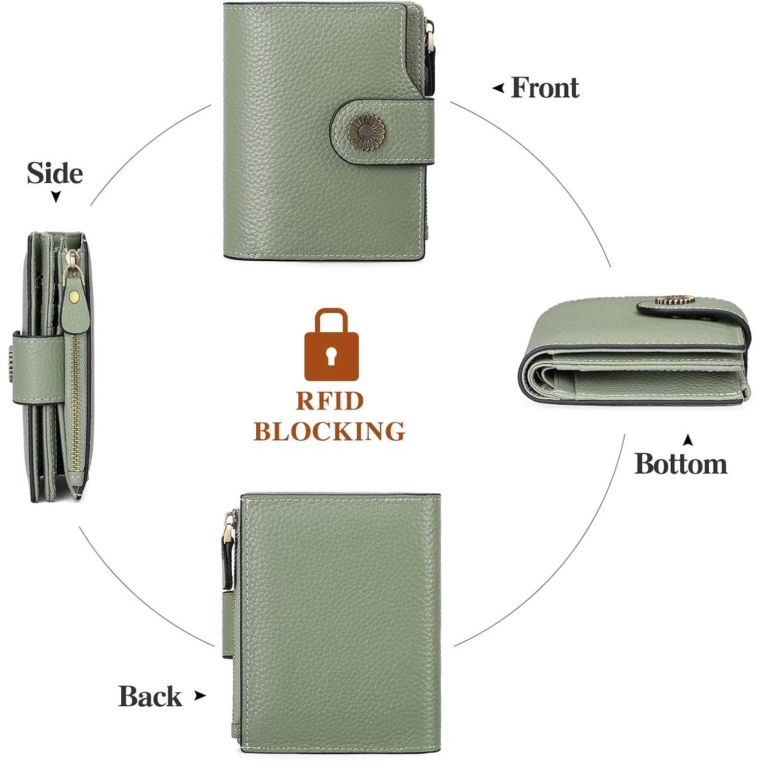 Women'S Lightweight Genuine Leather Wallet, Includes Card Holders, Rfid-Blocking, Lightweight, Photo & Id Holder, Green