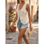 Tankaneo Womens Scoop Neck Blazer Vest Summer Sleeveless Fitted Waistcoat | Work Casual, Cotton Suit Tops, Business Casual Outfits, Button Down, Trendy