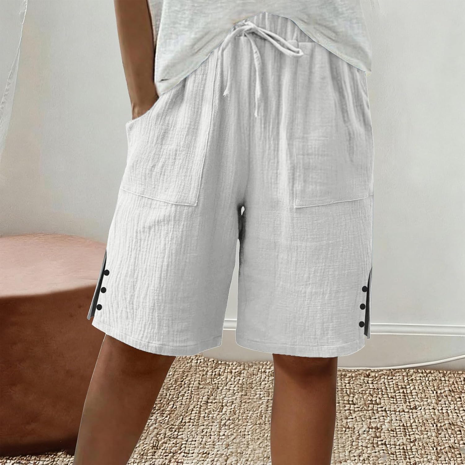 Womens Bermuda Shorts Summer Casual Wide Leg Knee Length High Waisted Cotton Long Shorts with Pockets Beach Outfits