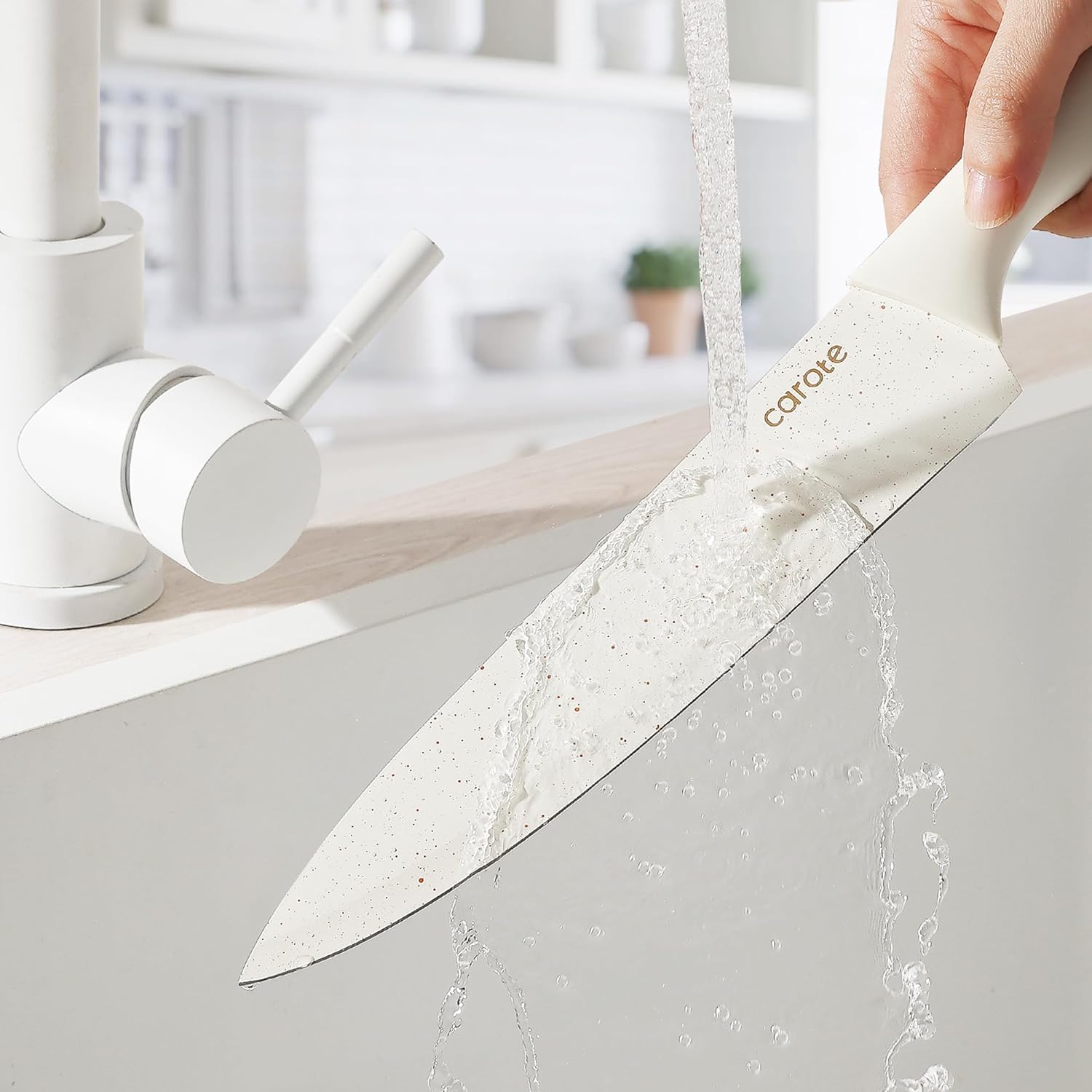 CAROTE 15Piece Knife Set, Kitchen Knife Block Set, Elegant White Ceramic-Coated Blades with Stylish Wooden Block for Modern Culinary Excellence