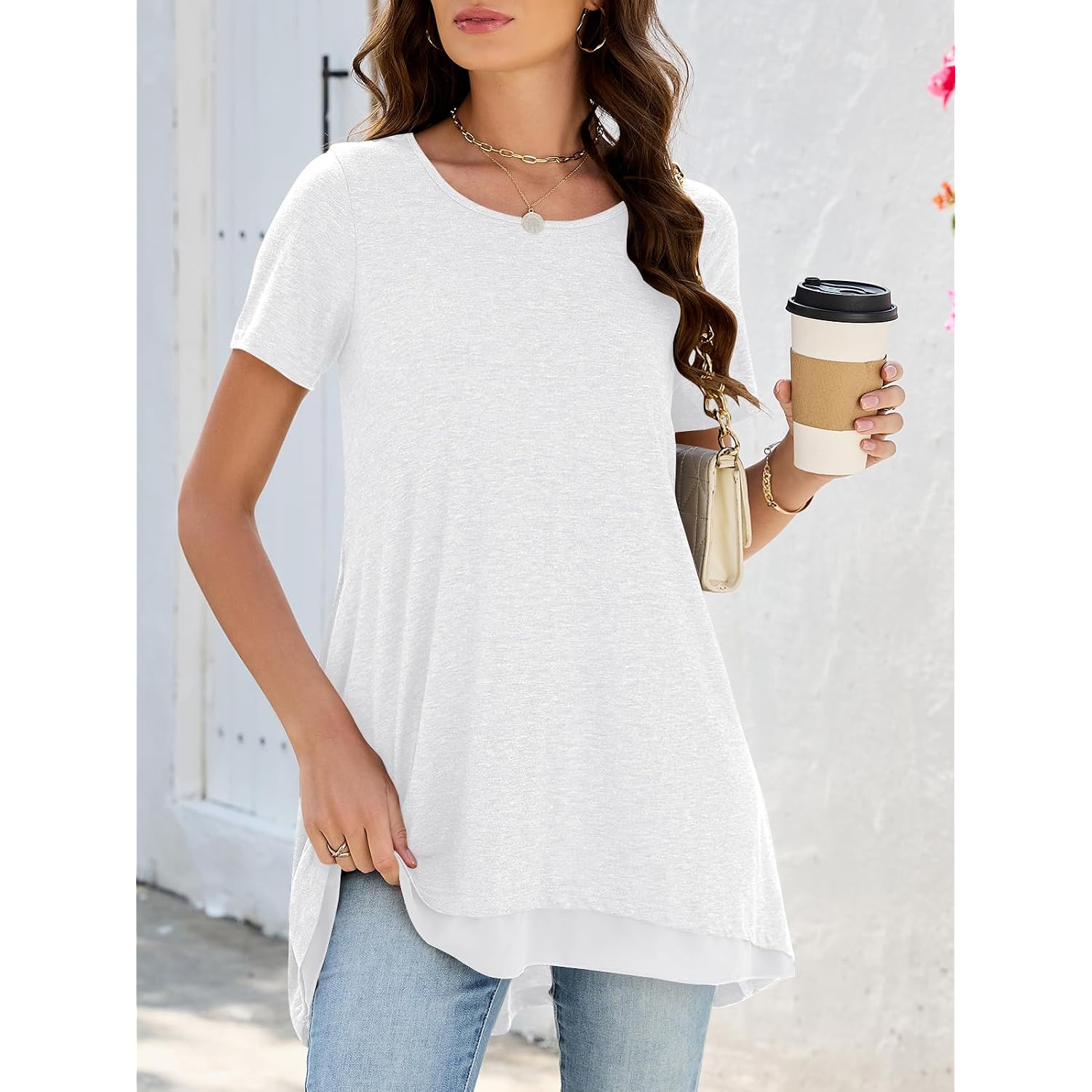 Women's Short Sleeve Tunic Tops for Legging Layered Chiffon Hem Casual Loose Long Shirts with Pockets
