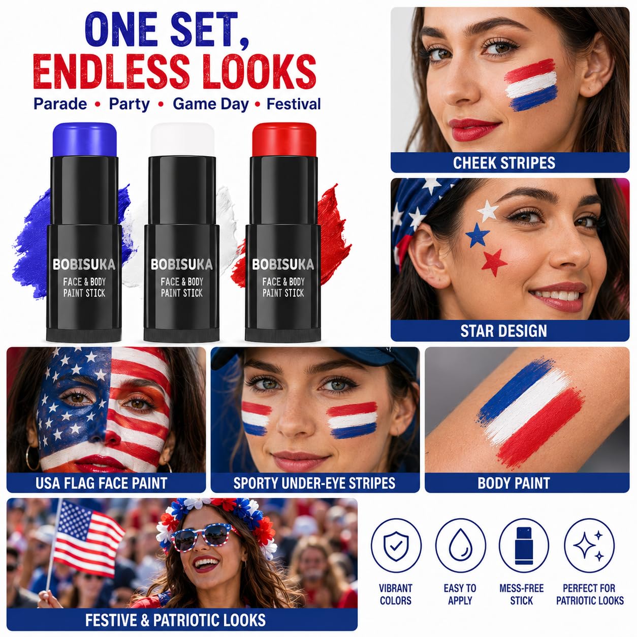 Bobisuka Red White Blue Face Paint Stick Kit, Eye Black Sticks For Football Baseball Softball Lacrosse American-Flag, Body Paints Makeup Kit For Halloween Cosplay Special Effects Costume Sfx
