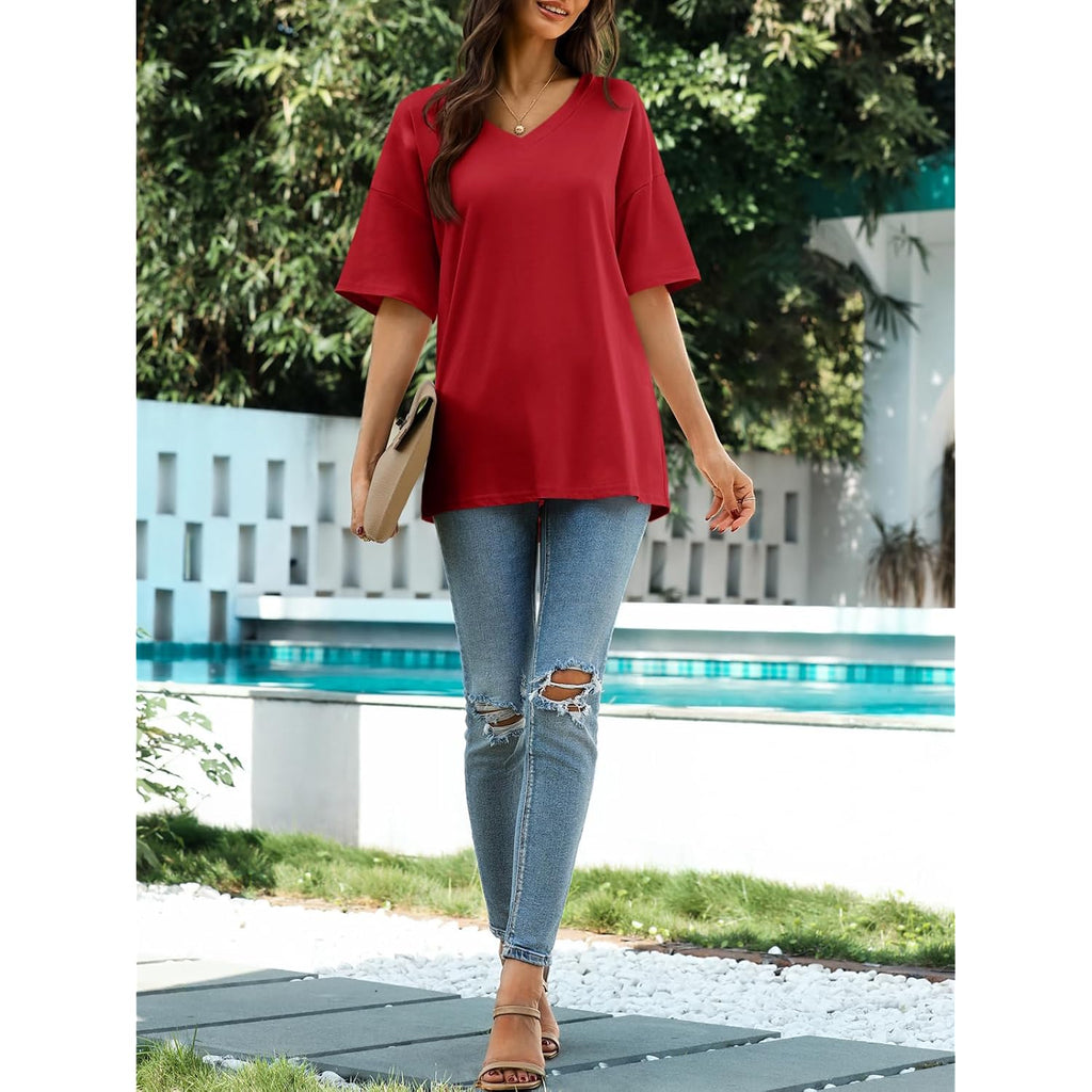 Ebifin Womens Oversized Tshirts V Neck Tee Shirts Half Sleeve Loose Fit T Shirt Cotton Tunic Tops