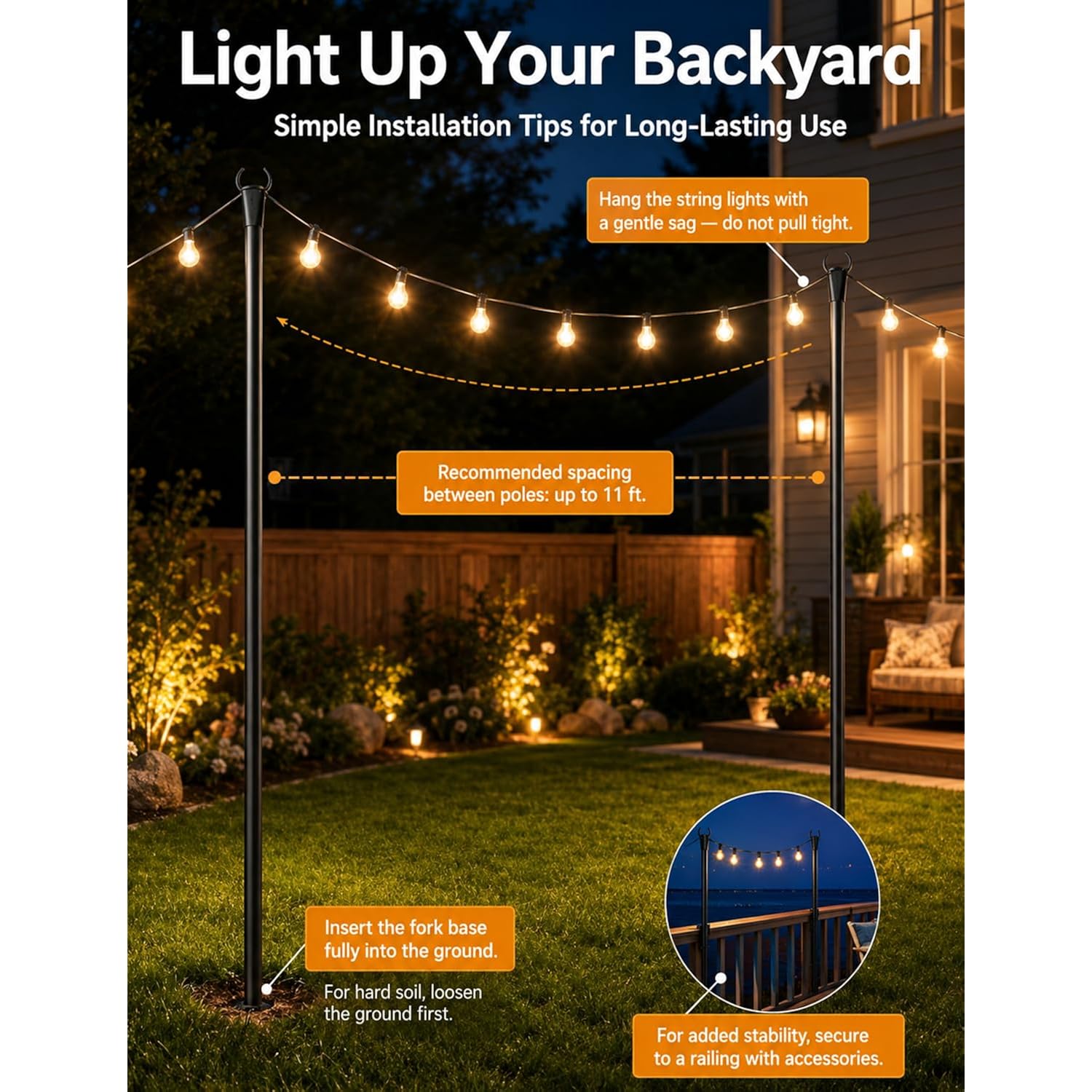 4 Pack String Light Poles For Outside With Ground Stakes And Fence Clips | Adjustable 7-Section Metal Patio Light Poles For String Lights And Lanterns; For Garden, Patio, Backyard And Outdoor Decor.