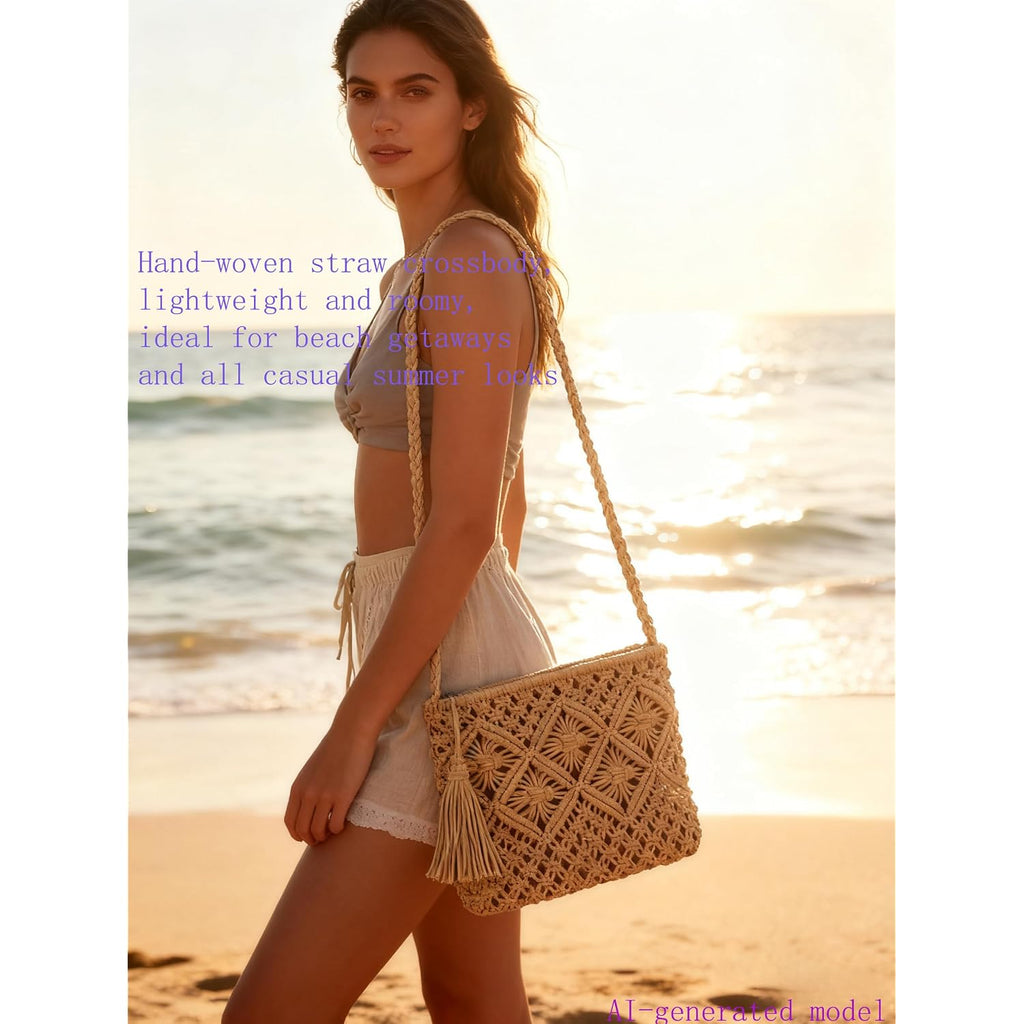 Boho Handwoven Crossbody Bag For Women - Crochet Straw Clutch Purse Beach Bag With Tassel For Vacation Casual & Travel
