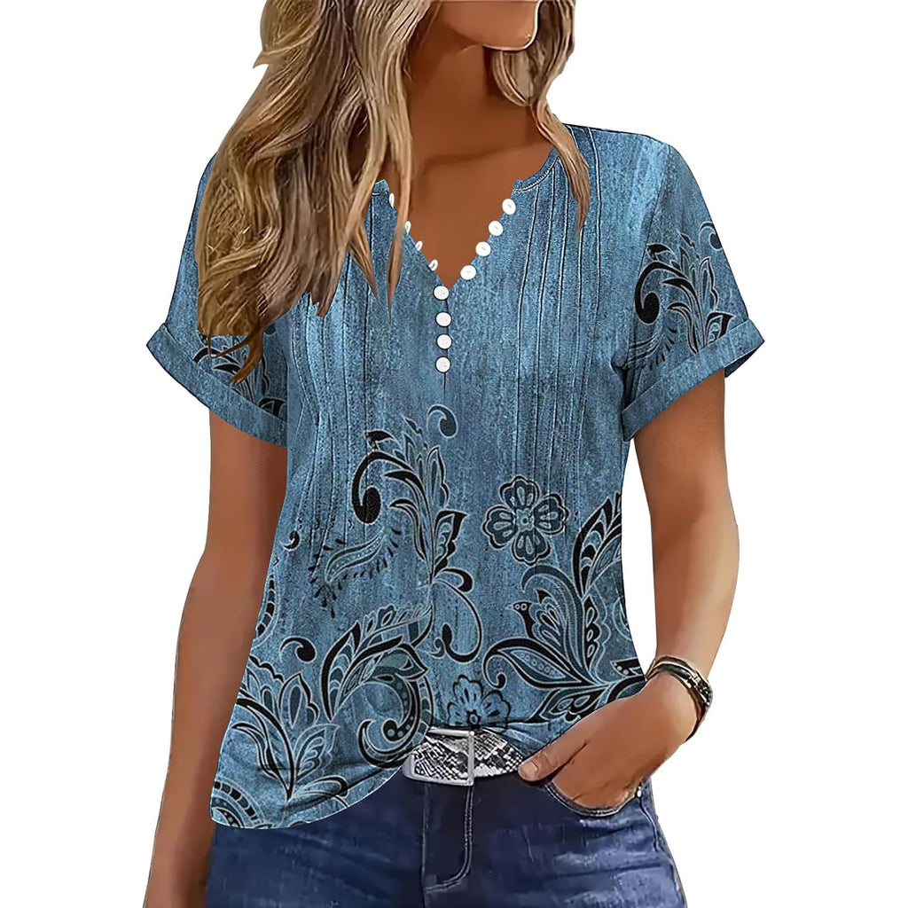 Short Sleeve Shirts for Women V Neck Button Down Floral Soft Boho Womens Blouses Casual Loose Fit Peasant Blouse