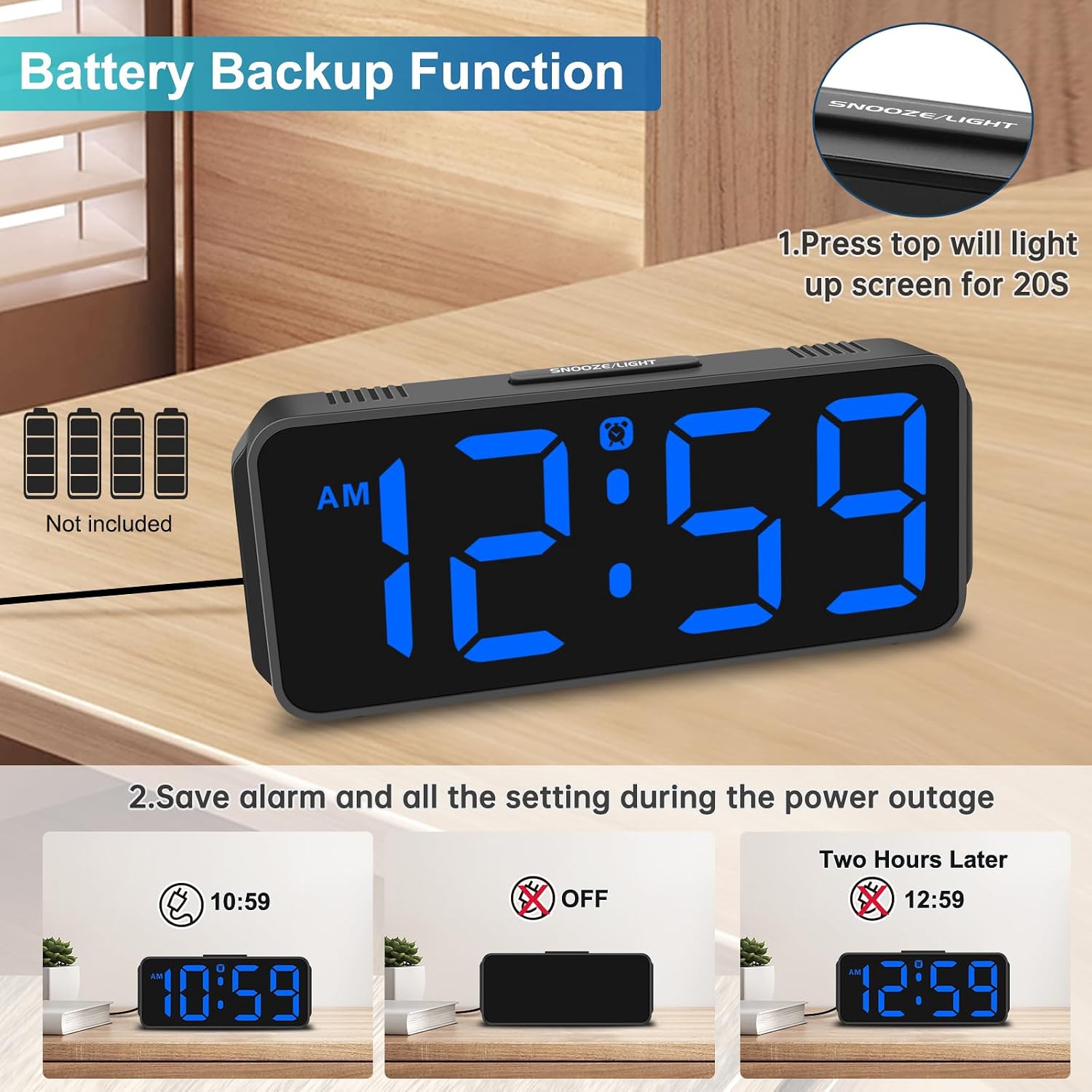 Peakeep Small Compact Digital Alarm Clock Plug-In For Bedrooms Bedside | Battery Backup Electric Clock, Large Big Numbers Display For Desk Table Small Spaces, 6 Dimmers, 5 Adjustable Alarm Volume