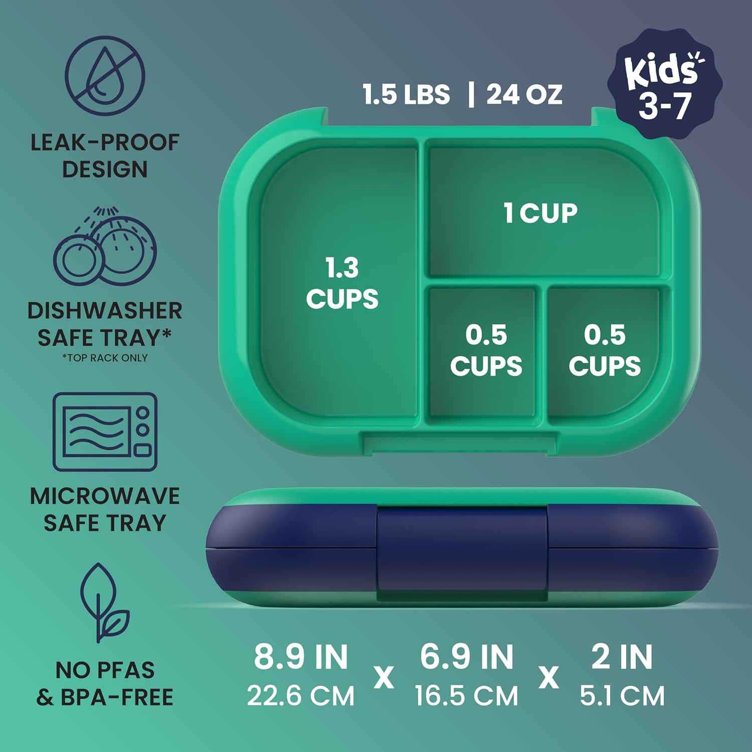 Bentgo Chill Kids Leakproof Lunch Box - 4-Compartment Bento Box With Built-In Ice Pack, 3.3 Cup Capacity, Bpa-Free, Microwave & Dishwasher Safe Tray, Ages 3–7 (Green/Navy)
