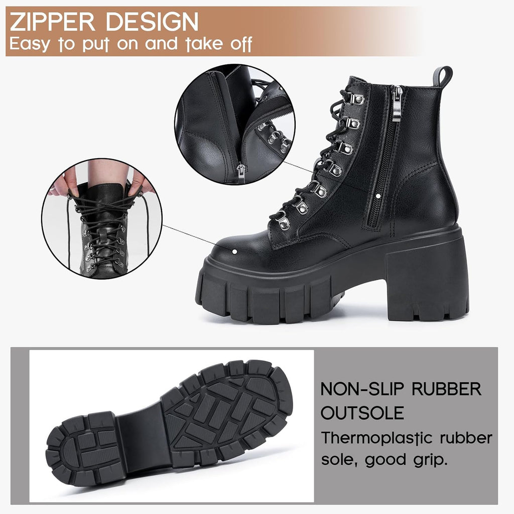 Fitory Women’S Combat Boots Lightweight Lace Up Side Zipper Ankle Botas High Heel Chunky Platform Lug Sole Booties 2026 Size 6-11