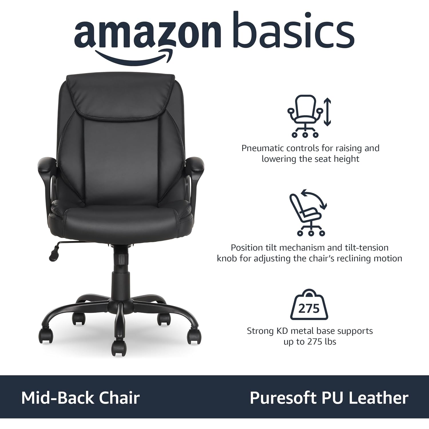 Amazon Basics Classic Puresoft PU Padded Mid-Back Office Desk Chair with Armrest, Easy Assembly, Sturdy Metal Base, Wheels, 275lb Support, 26"D x 23.75"W x 42"H, Black