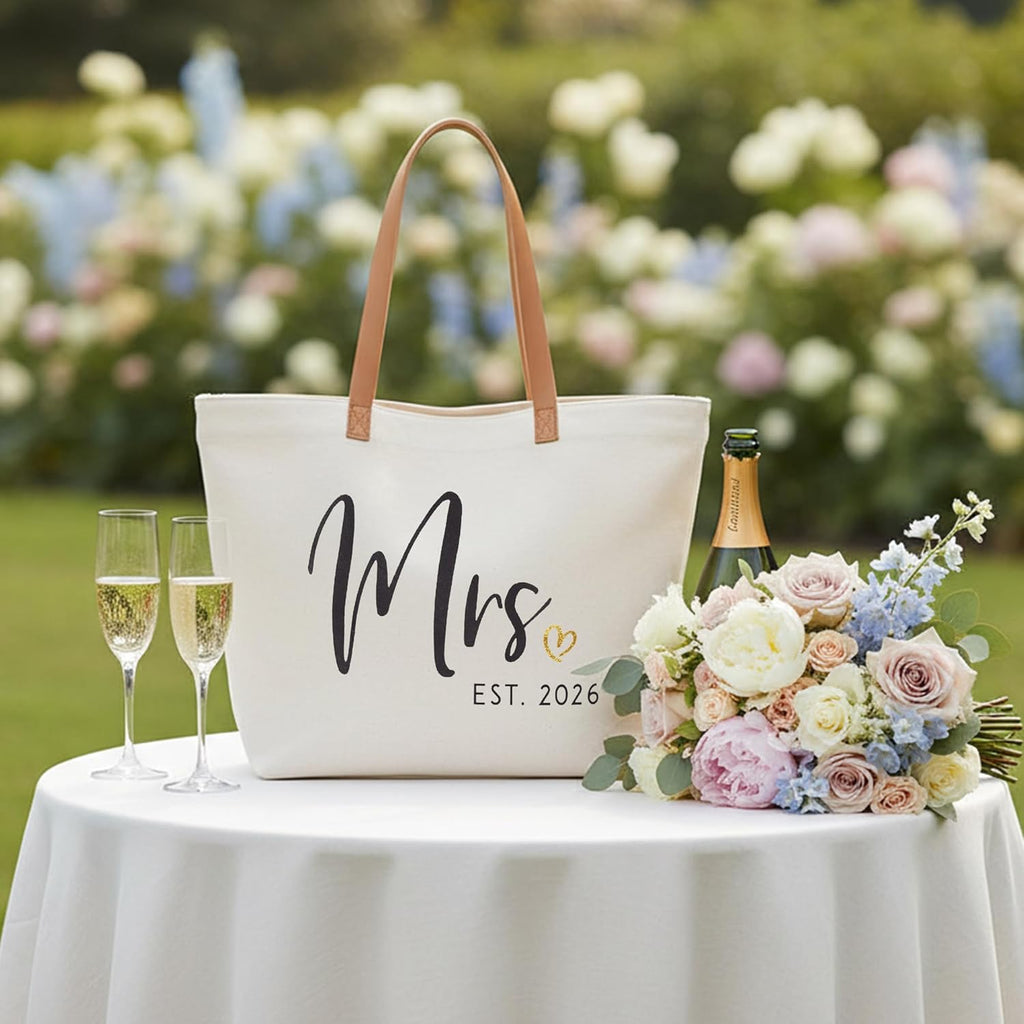 ELEGANTPARK Mrs Gifts for Bride 2026 - Large Canvas Wedding Tote Bag with Zipper, Bridal Shower Gift for Bride to Be, Bachelorette Party Honeymoon Beach Bag