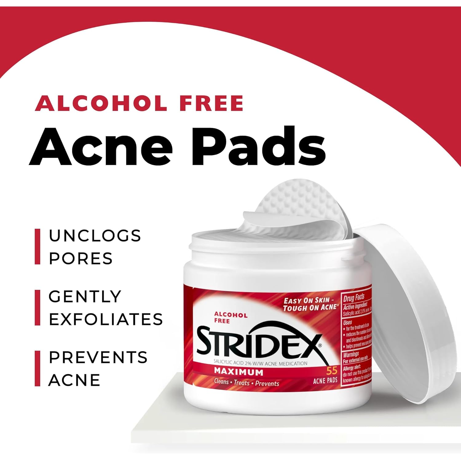 Stridex Medicated Acne Pads, Maximum, 55 Count – Facial Cleansing Wipes, Alcohol Free, Acne Treatment for Face, For Moderate Acne, Smooth Application