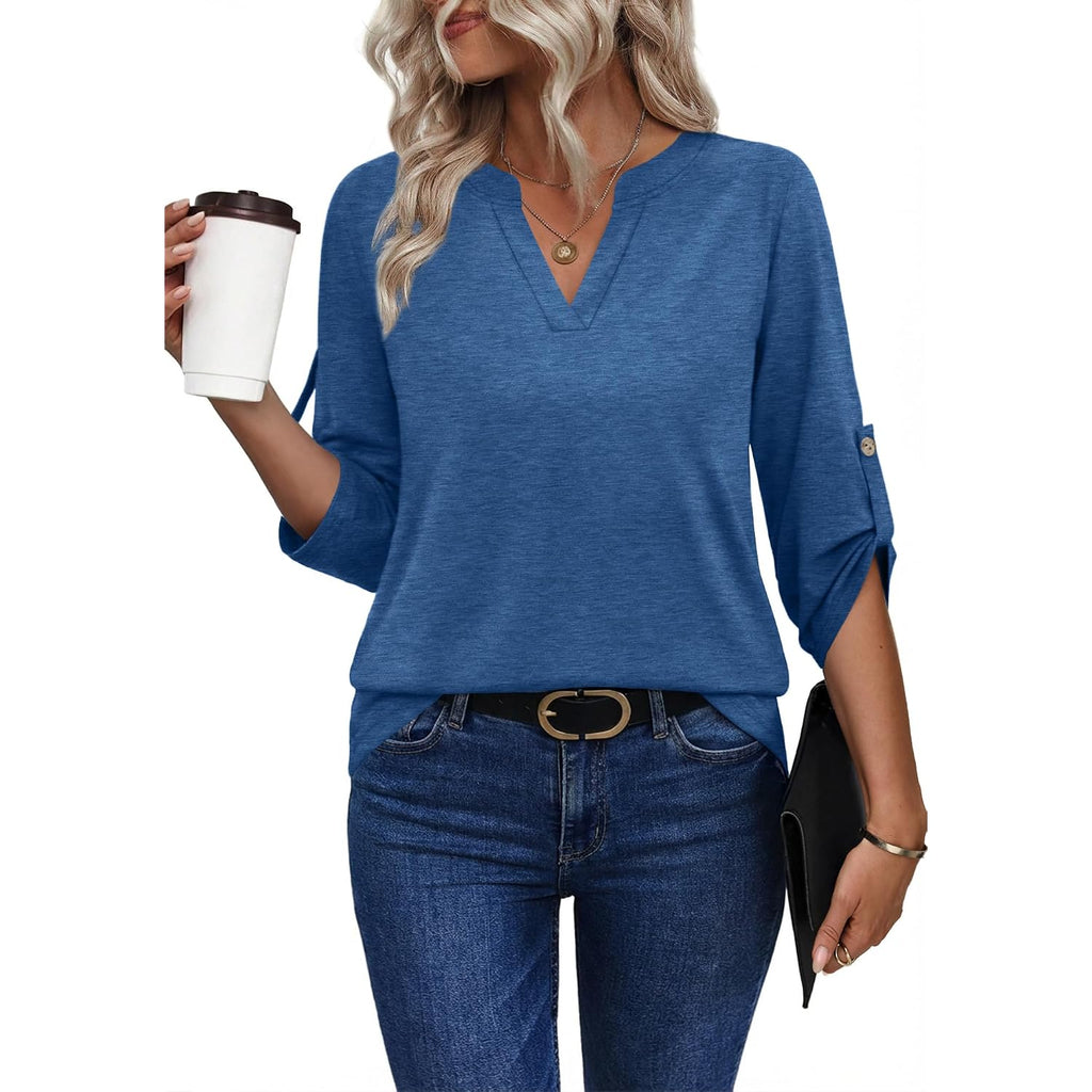 XIEERDUO 3/4 Length Sleeve Womens Tops V Neck T Shirts Both Side Buttons Blouses Business Casual Outfits Loose Fit