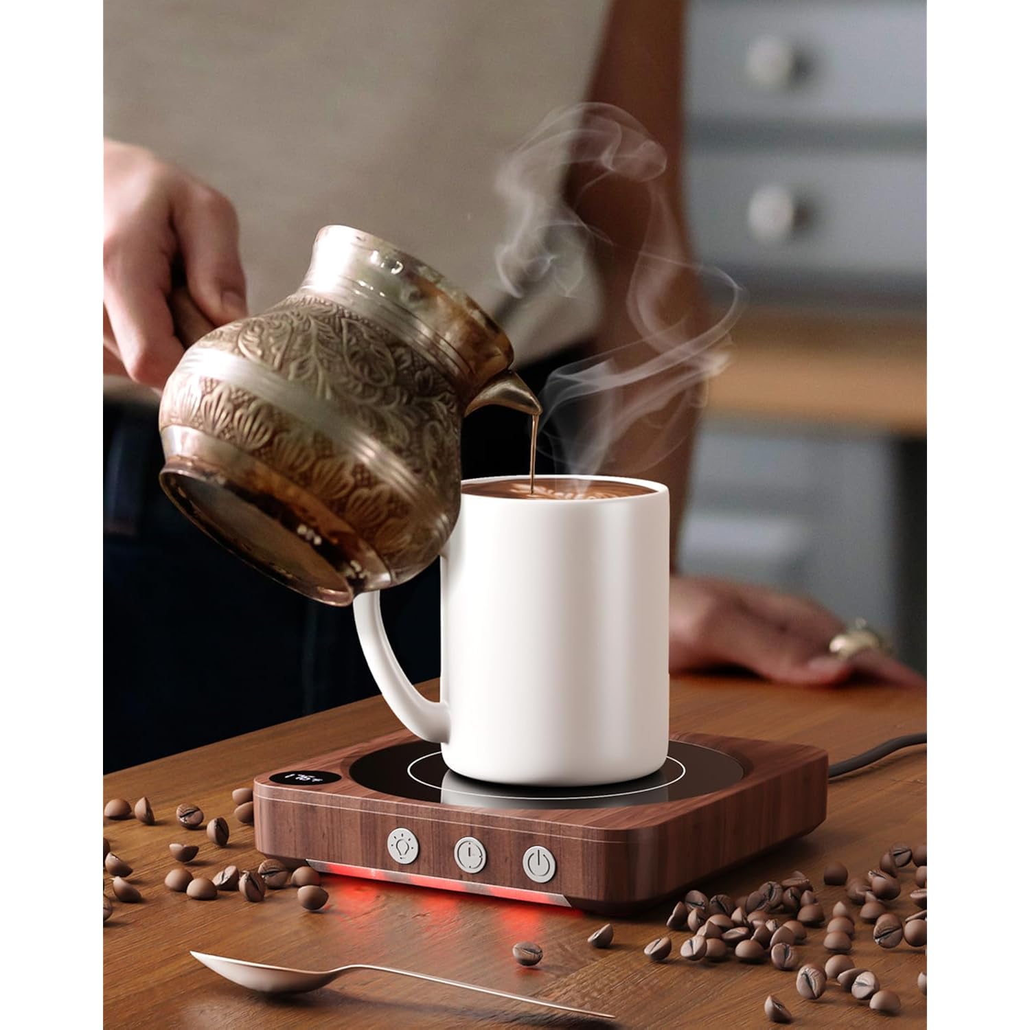 House Gem Mug Warmer - 36W Coffee Mug Warmer for Desk with Temperature Display, 2-12Hrs Auto Shut Off, Smart Candle Warmer - Ideal Coffee Gifts Accessories Keep Beverages Coffee Warmer (Wood) (Wood)