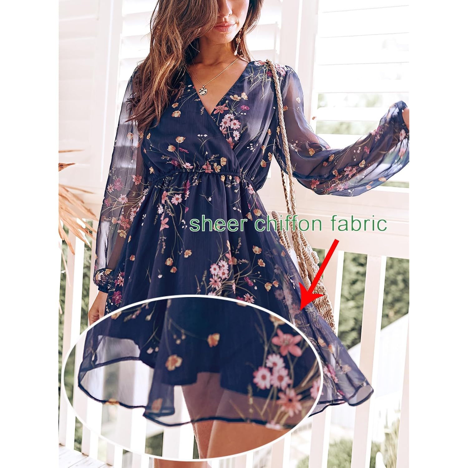 Cupshe Women'S Mini Dresses Casual Spring V Neck Chiffon Long Peasant Sleeves Flowy Spring Dress