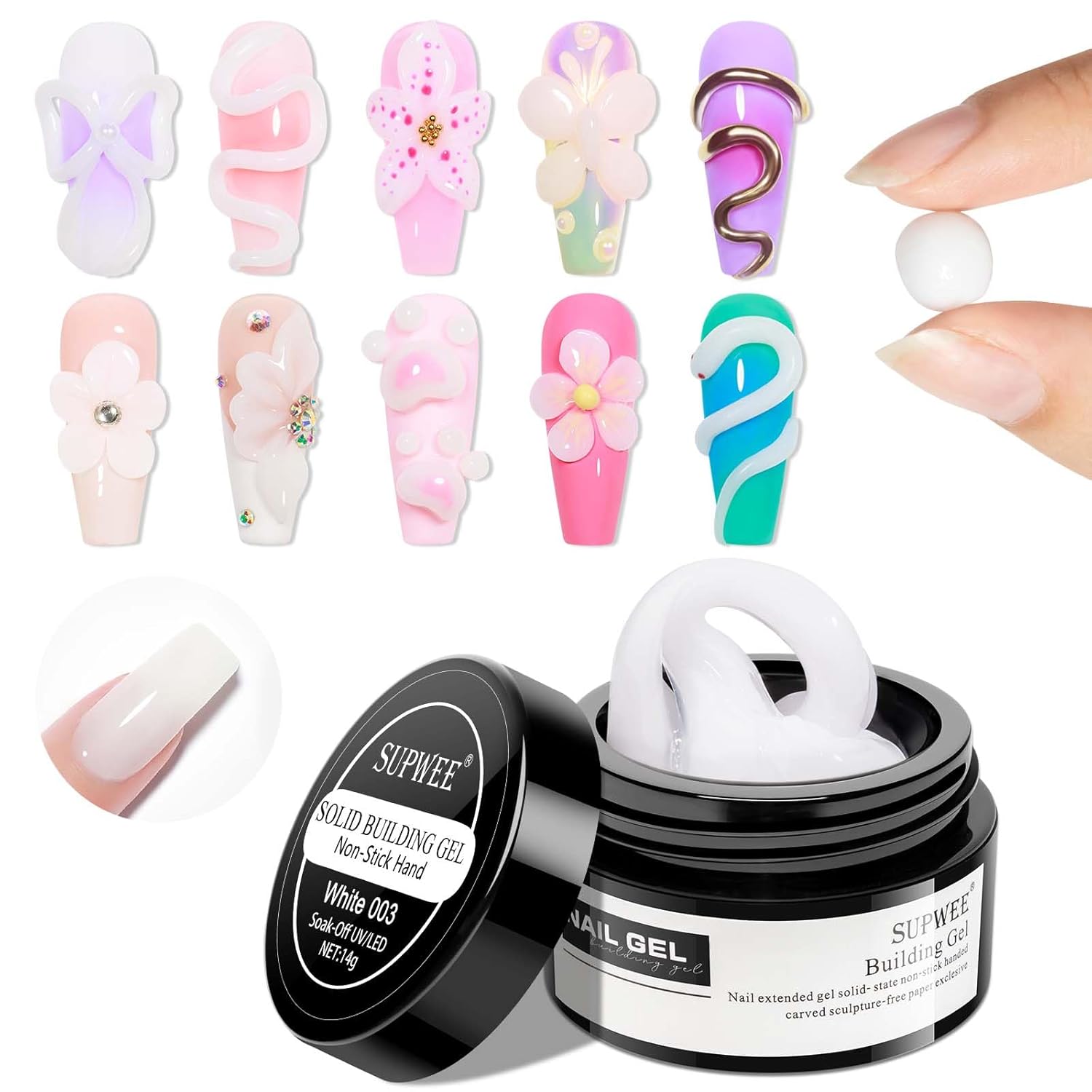 Solid Sculpture Builder Gel, 3D Nail Gel Milky White Non-Stick Hand Nail Extension Gel for Carving Patterns Decoration Nail Art Emboss Hard Gel for Nails Mnicure DIY at Home 14g(0.49 oz)