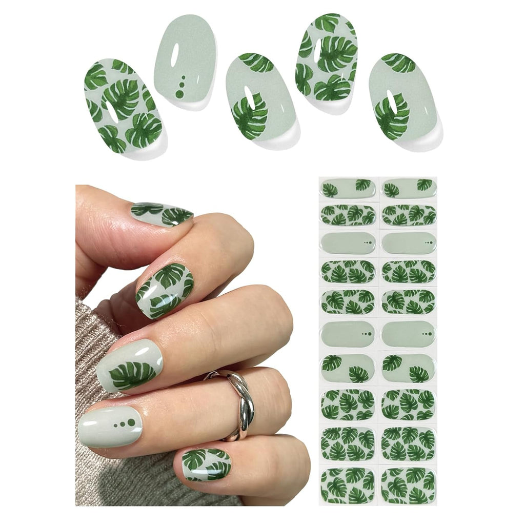 UV Gel Nail Stickers, Green Leaf 20pcs Semi Cured Gel Nail Strips, Wraps for Home Manicure DIY