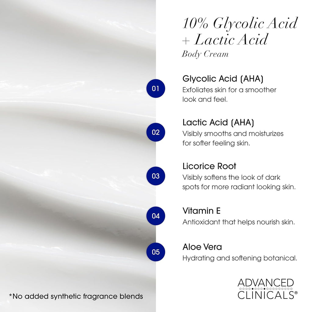Advanced Clinicals 10% Glycolic Acid + Lactic Acid Lotion Exfoliant Moisturizing Cream With Hyaluronic Acid Moisturizer | Aha Exfoliating Body Cream Improves Look Of Uneven Rough Skin Texture, 16 Oz