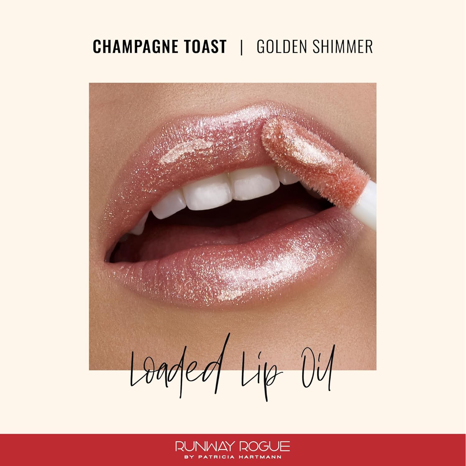 Runway Rogue Loaded Lip Oil, Hydrating and Plumping Lip Shimmer Oil with Tri-Peptide Formula, Pale Pearlescent Nude Shimmer, ‘Champagne Toast’